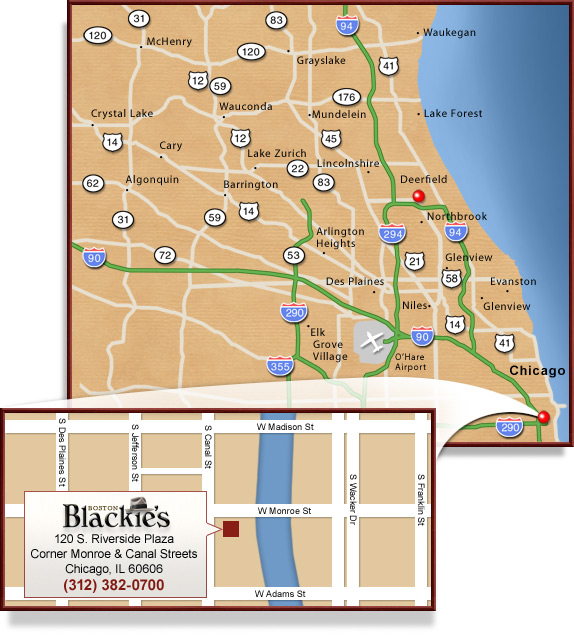 Map to Boston Blackie's Restaurant in Chicago, corner of Monroe and Canal